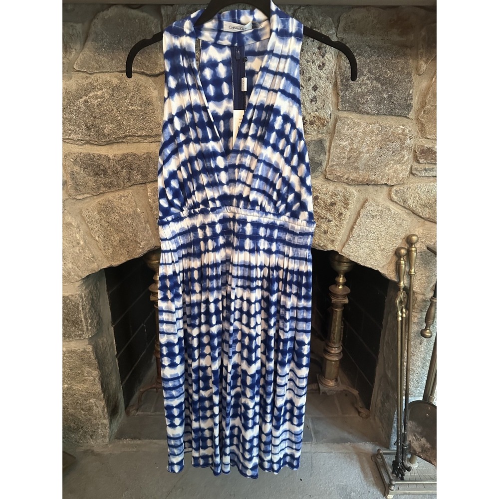 Calvin Klein Dress 4 NWT Blue Tie Dye Pleated Halter Maxi V Neck Wedding Guest S - Picture 6 of 10